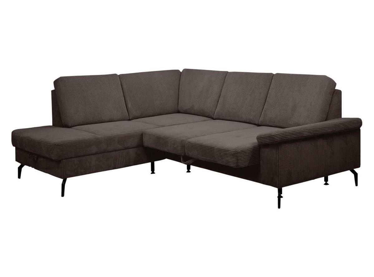 ECKSOFA Dunkelbraun Velours Bettkasten, Sitzvorzug  - Dunkelbraun/Schwarz, KONVENTIONELL, Textil/Metall (206/253cm) - Venda