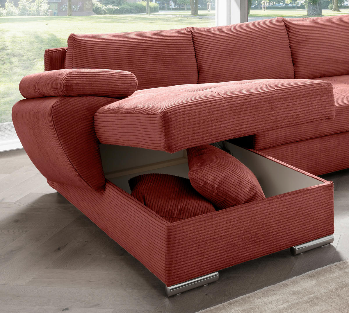 WOHNLANDSCHAFT Koralle Cord  - Chromfarben/Koralle, KONVENTIONELL, Textil/Metall (157/305/219cm) - Livetastic
