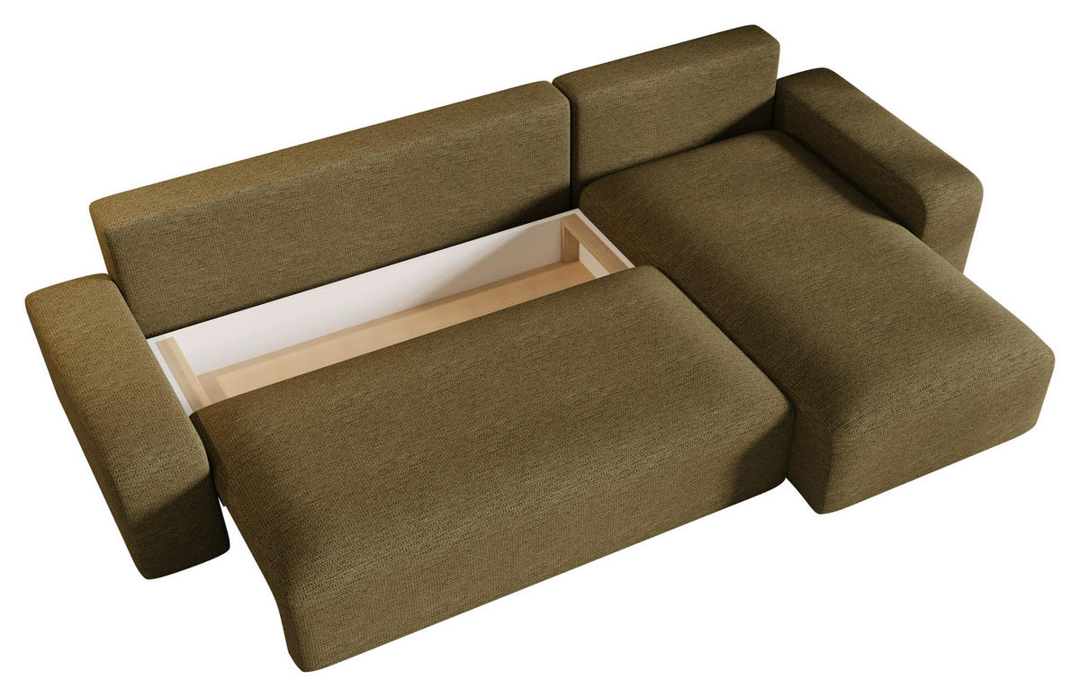 ECKSOFA Khaki Bouclé Zierkissen, Rückenkissen, Bettkasten, Schlaffunktion, Rücken echt, Stauraum  - Khaki/Schwarz, MODERN, Kunststoff/Textil (248/143cm) - Xora