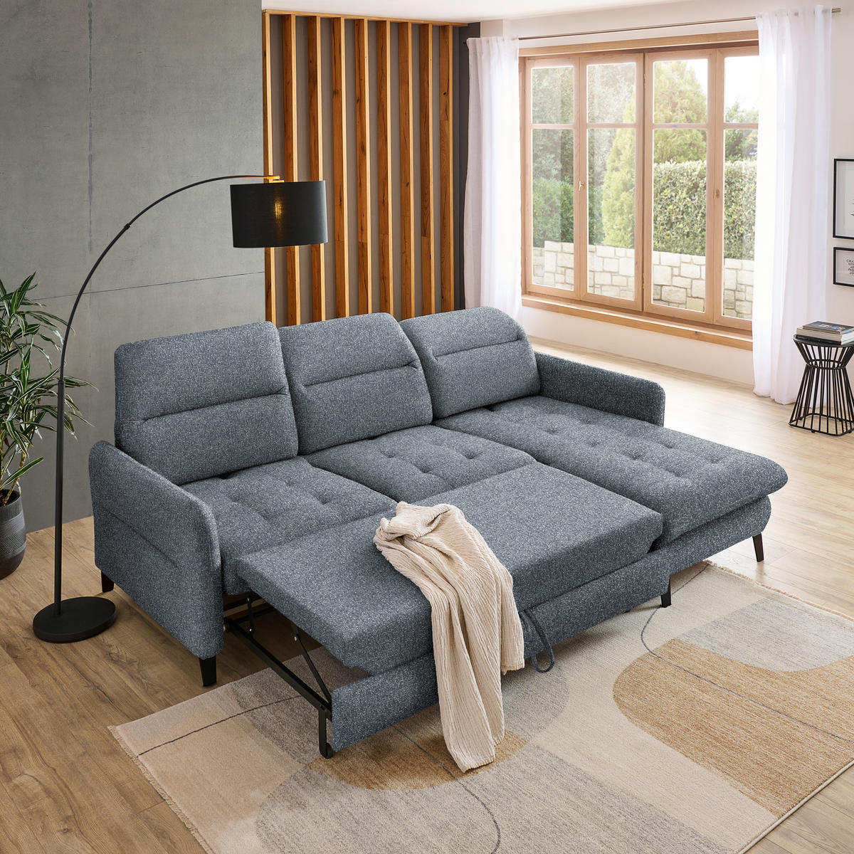 ECKSOFA Dunkelgrau Plüsch  - Dunkelgrau/Schwarz, KONVENTIONELL, Textil/Metall (254/190cm) - Livetastic