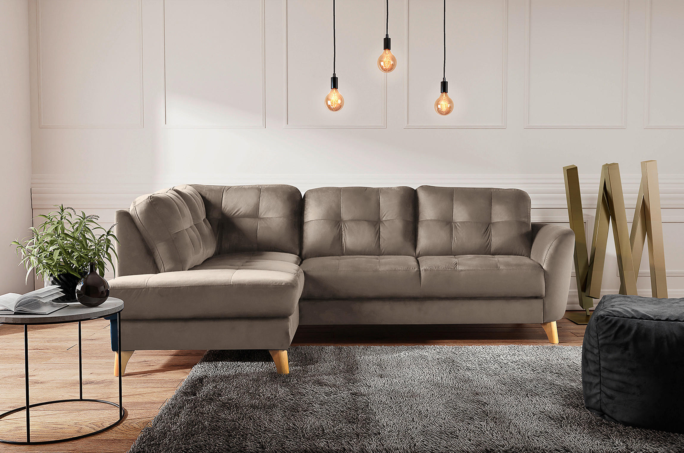 ECKSOFA Beige Samt  - Beige/Buchefarben, Design, Holz/Textil (190/236cm) - Livetastic
