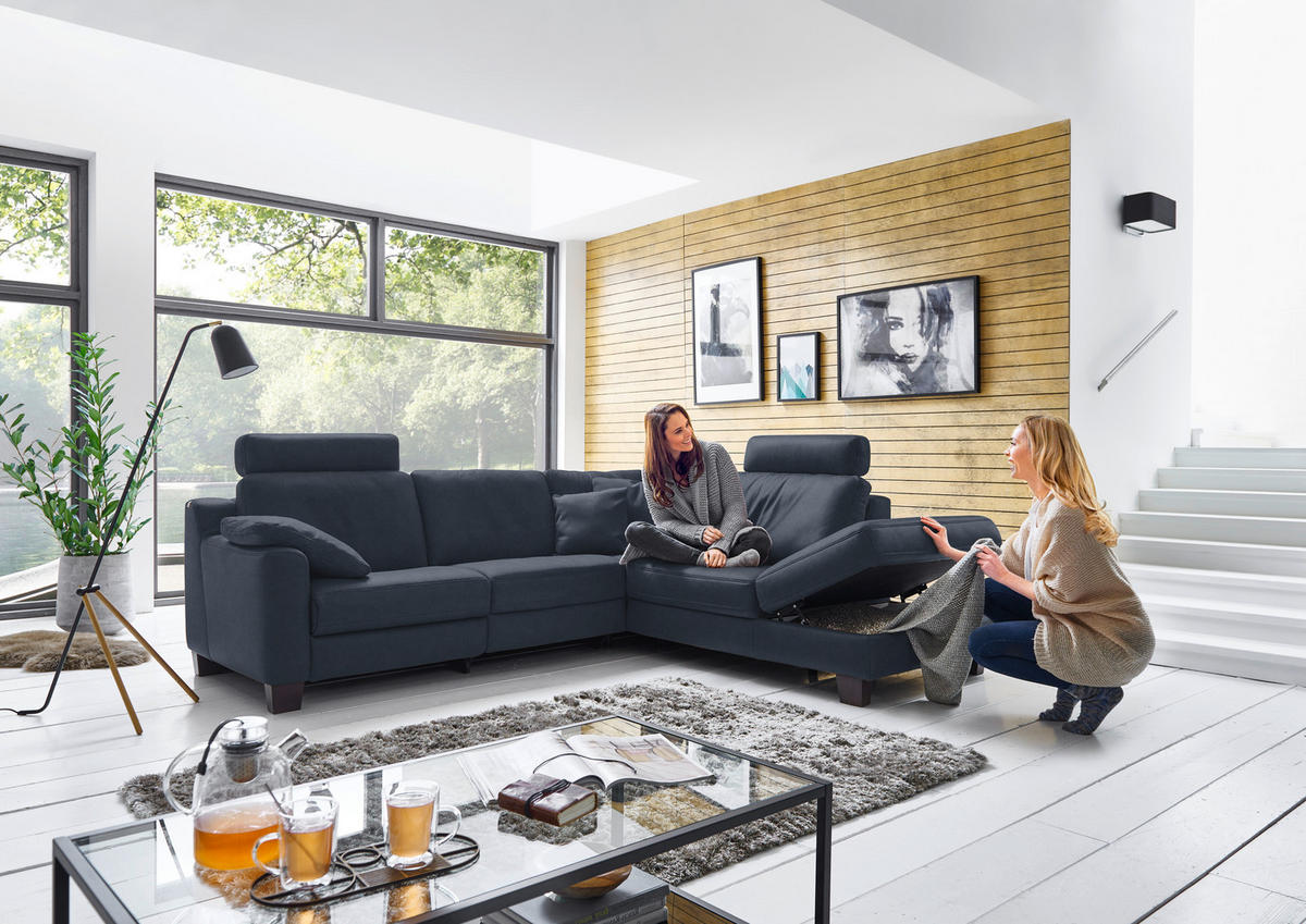 ECKSOFA in Echtleder Dunkelblau  259/235 cm  - Eichefarben/Dunkelblau, Design, Leder/Holz (259/235cm) - Valdera