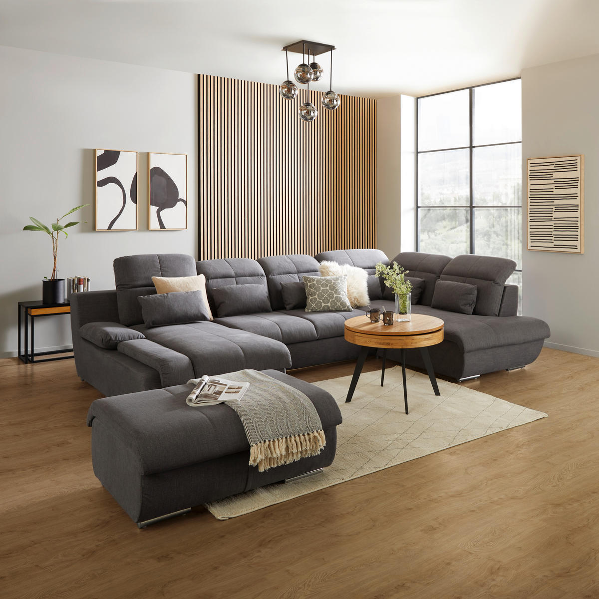 WOHNLANDSCHAFT in Mikrofaser Dunkelgrau  - Chromfarben/Dunkelgrau, Modern, Textil/Metall (184/345/228cm) - MID.YOU