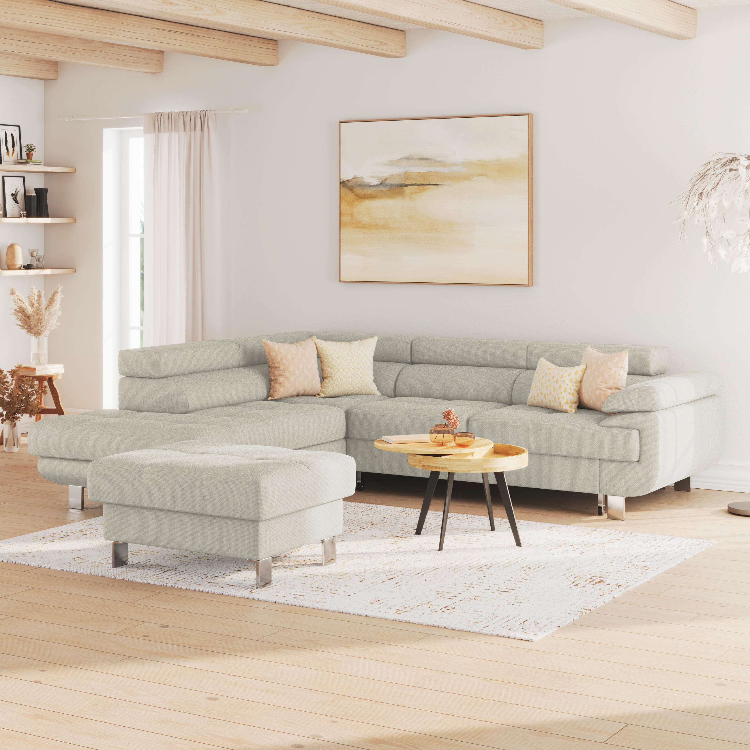 Thumbnail - Mid.you Ecksofa, Greige, Textil, 5-Sitzer, Ottomane links, L-Form, 270x230 cm, Made in EU, Stoffauswahl, Hocker erhältli...