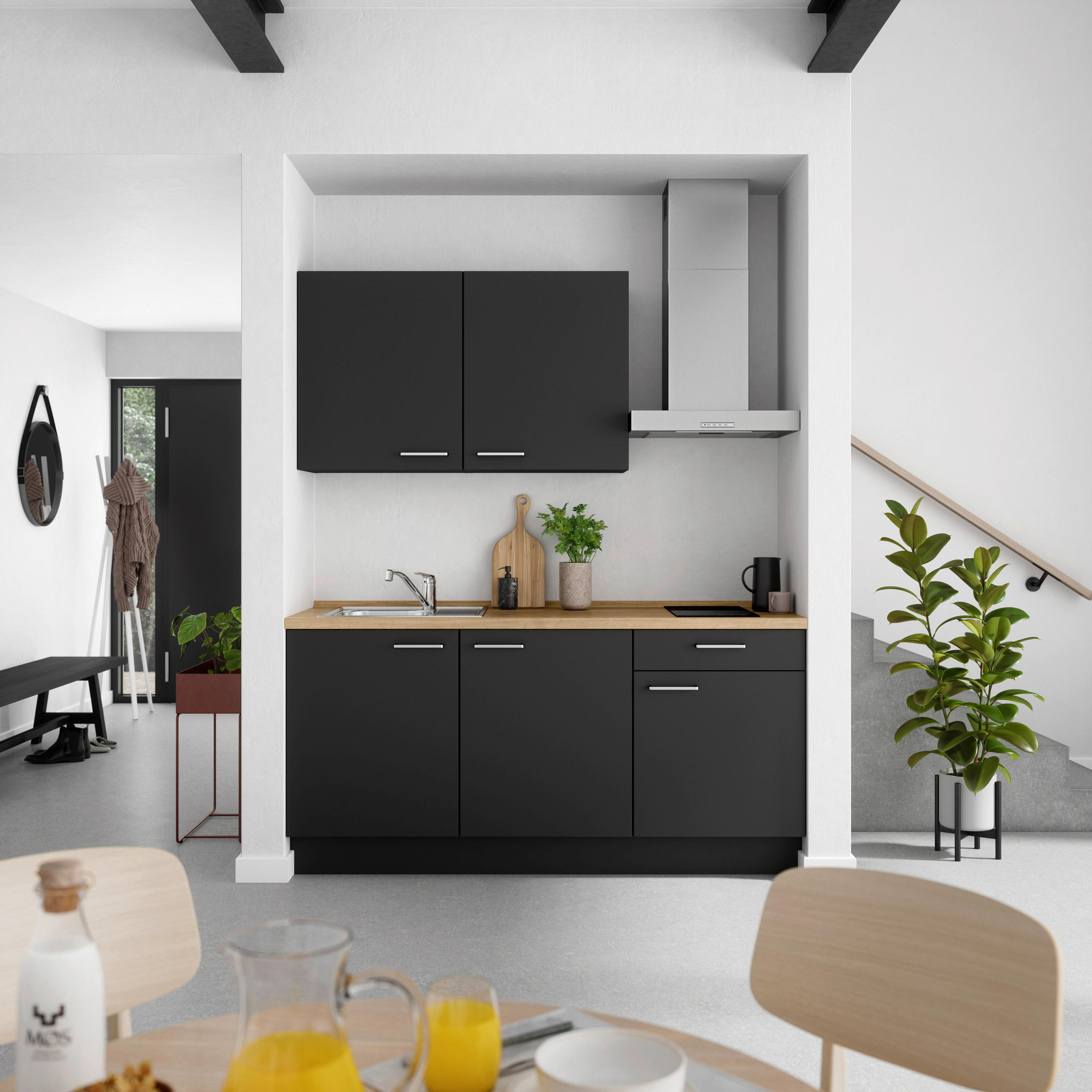 KÜCHENBLOCK 180 cm   in Schwarz, Eichefarben  - Edelstahlfarben/Eichefarben, MODERN, Holzwerkstoff/Metall (180cm) - Nobilia