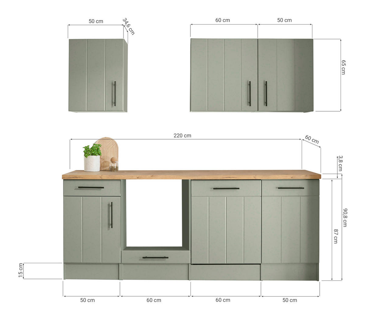 KÜCHENLEERBLOCK 220 cm   in Wildeiche, Schilfgrün  - Schilfgrün/Wildeiche, Trend, Holzwerkstoff/Metall (220cm) - Respekta
