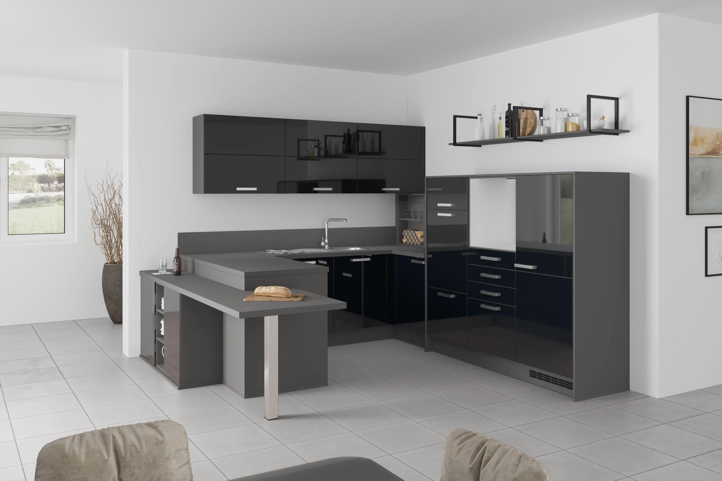 U-Küche Ip4050 Schwarz/ Grafit 255x294x298 cm ohne Geräte