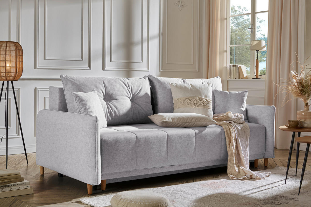 SCHLAFSOFA Webstoff Hellgrau  - Eichefarben/Hellgrau, Design, Holz/Textil (227/98/113cm) - Carryhome