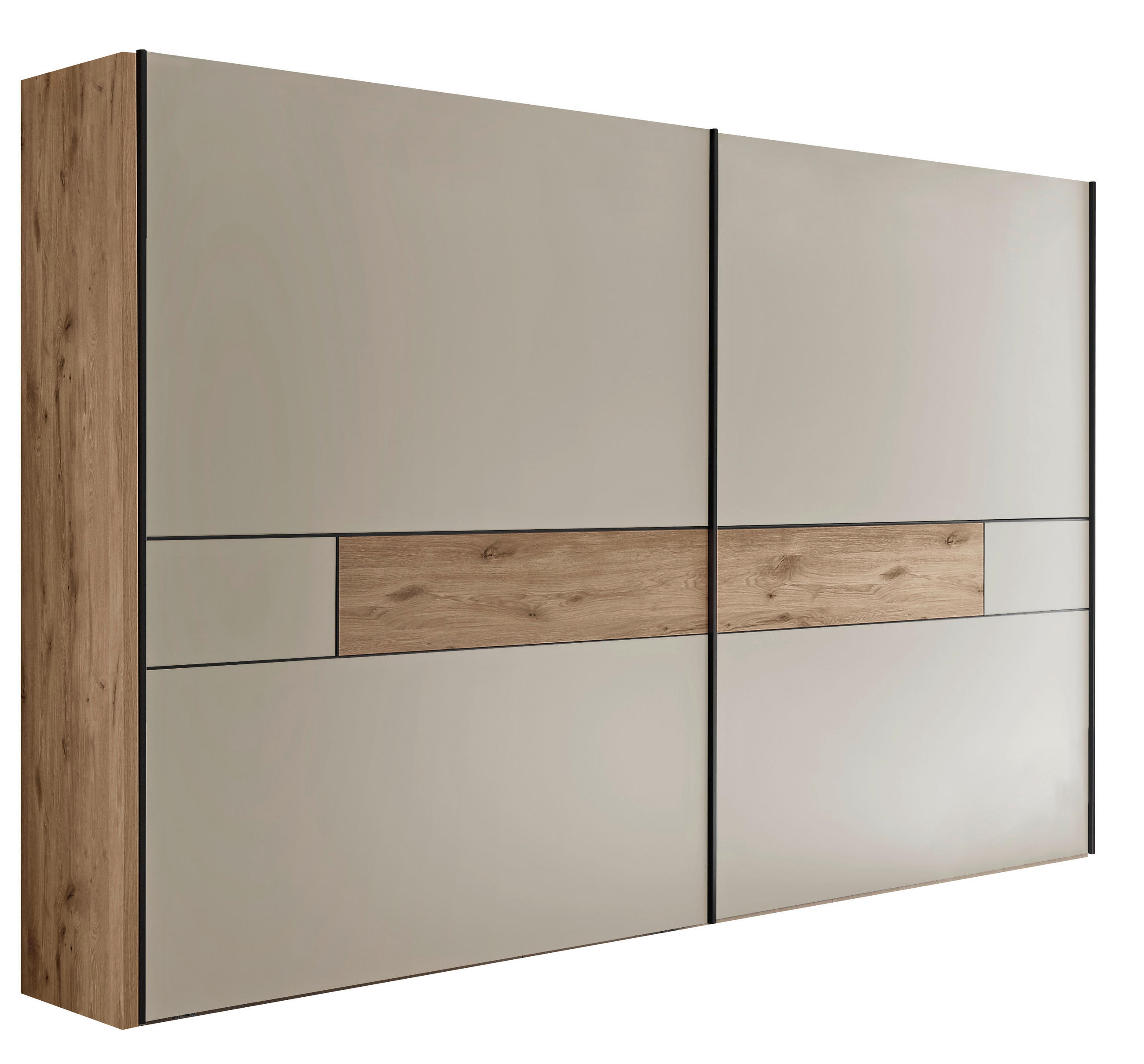 SCHWEBETÜRENSCHRANK 300/217/67 cm,  in Eichefarben, Champagner, 2  - Schieferfarben/Champagner, KONVENTIONELL, Holzwerkstoff/Metall (300/217/67cm) - Venda