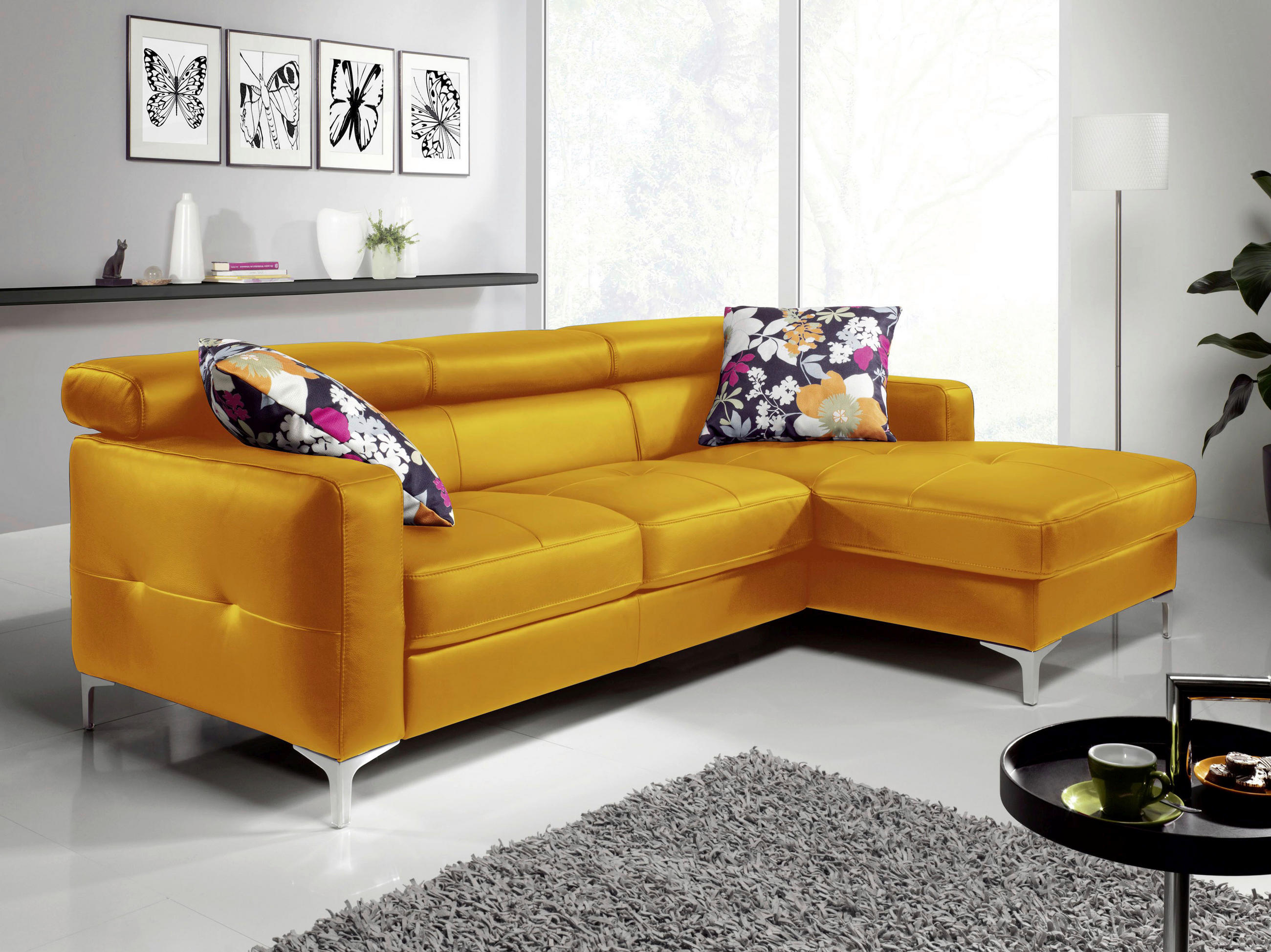 ECKSOFA in Echtleder Gelb  - Chromfarben/Gelb, Design, Leder/Metall (227/168cm) - Livetastic