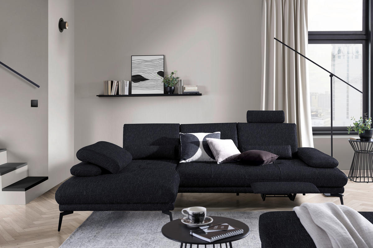 ECKSOFA Echtleder Schwarz  - Schwarz, Design, Leder/Metall (187/273cm) - Celina Home
