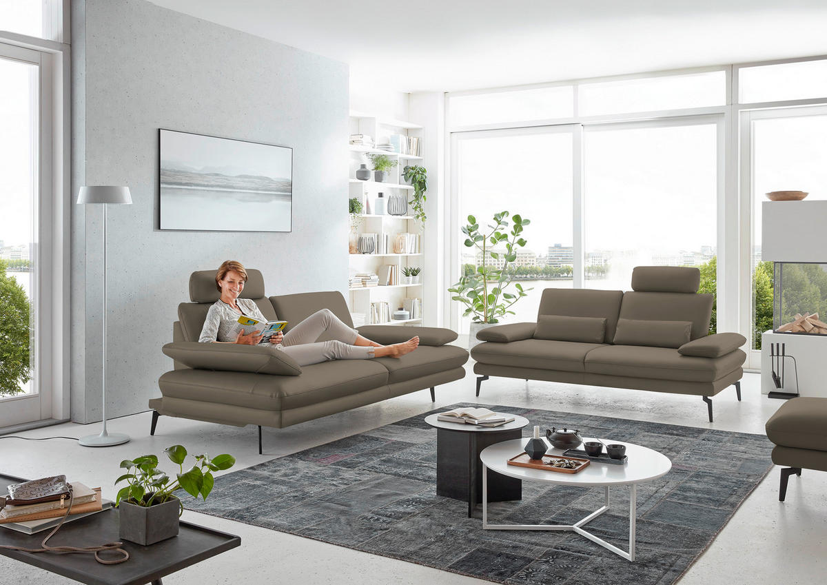 3-SITZER-SOFA in Leder Greige  - Greige/Schwarz, Design, Leder/Metall (222/86/104cm) - Dieter Knoll