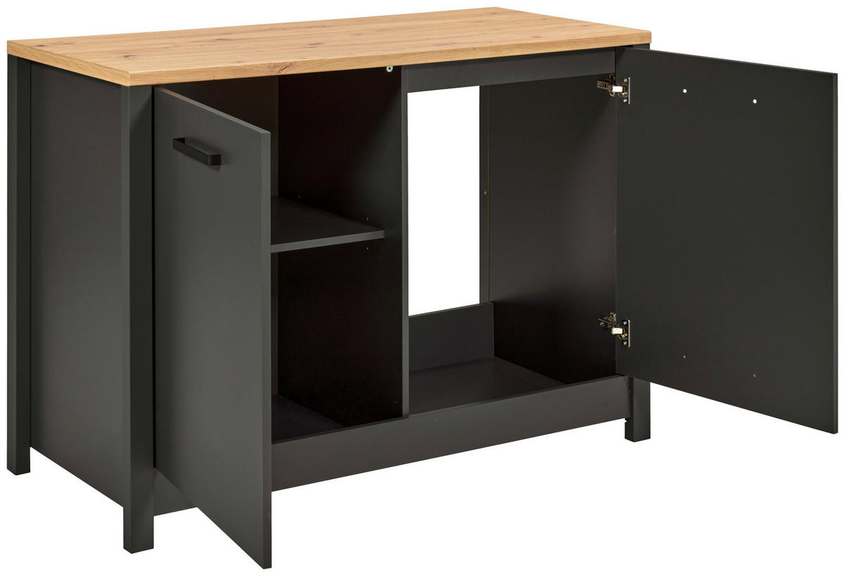 SPÜLENUNTERSCHRANK 130,3/92/60 cm  in Anthrazit, Eiche Artisan  - Anthrazit/Schwarz, MODERN, Holzwerkstoff/Metall (130,3/92/60cm) - home24