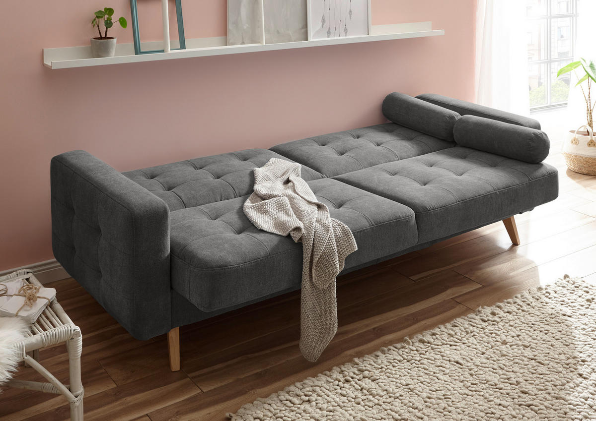 SCHLAFSOFA  mit Mikrovelours Grau  - Schlammfarben/Eichefarben, MODERN, Holz/Textil (222/86/90cm) - MID.YOU