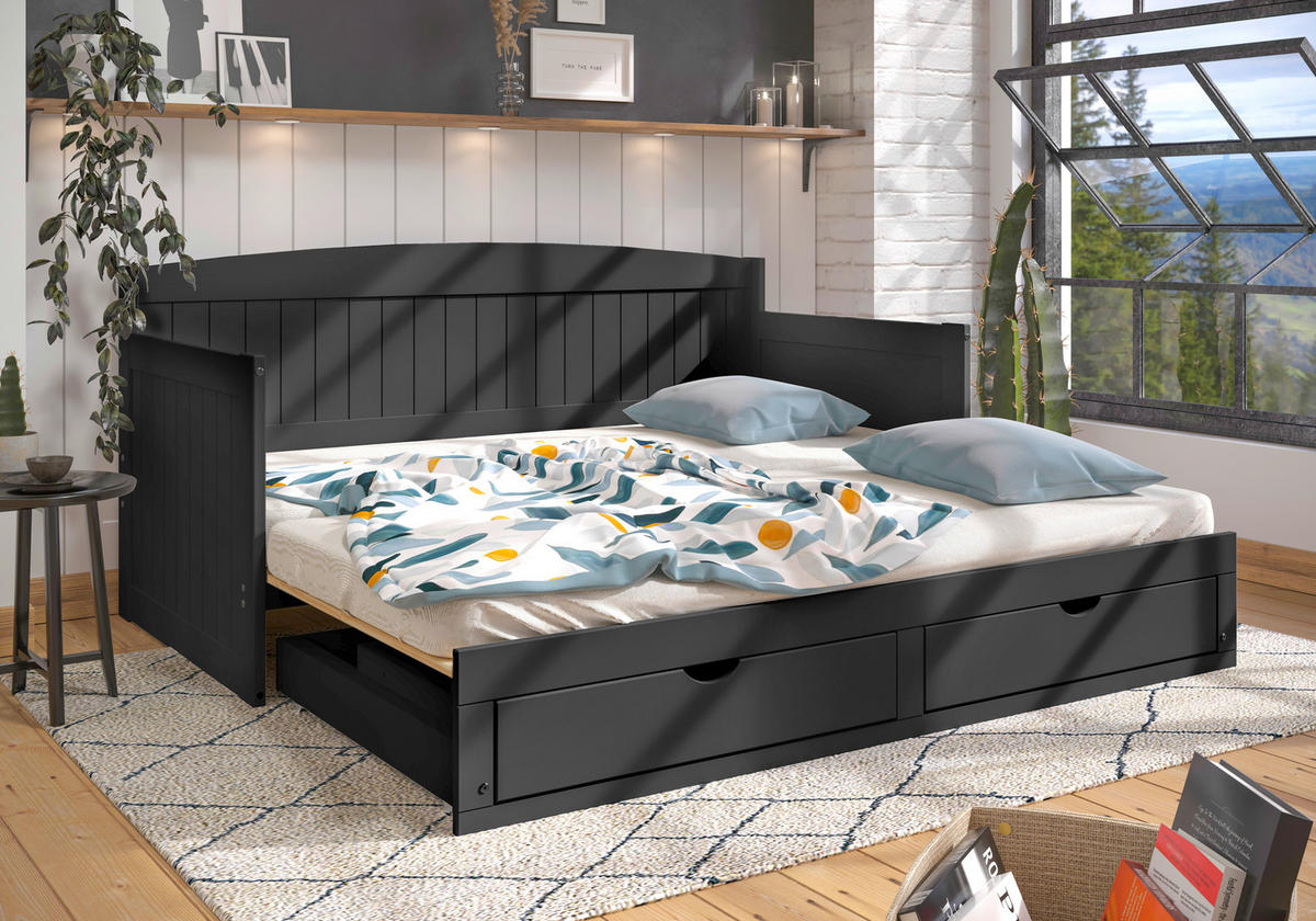 AUSZIEHBETT 90/200 cm Schwarz  - Schwarz/Naturfarben, Romantik / Landhaus, Holz/Kunststoff (90/200cm) - MID.YOU