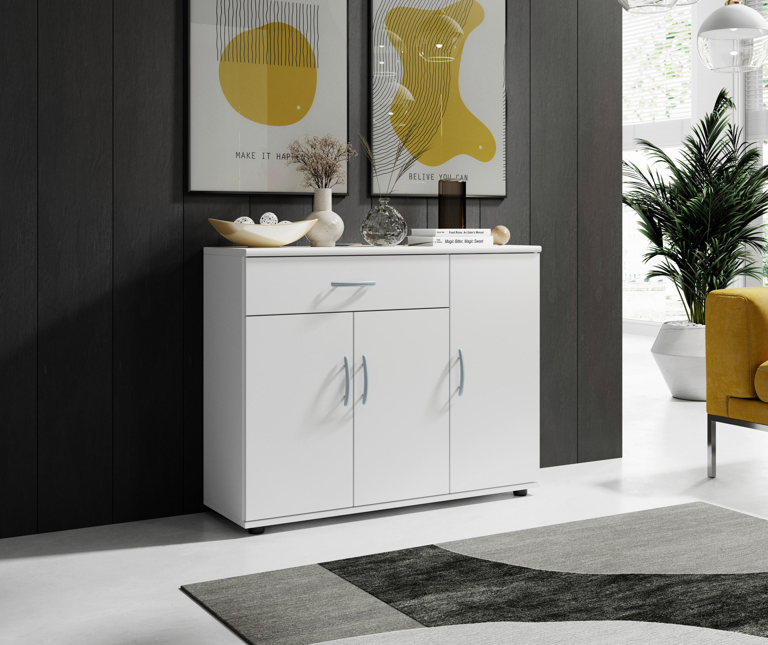 KOMODA 90/70/30 cm bijela - bijela/srebrne boje, Konvencionalno, drvni materijal/plastika (90/70/30cm) - Carryhome