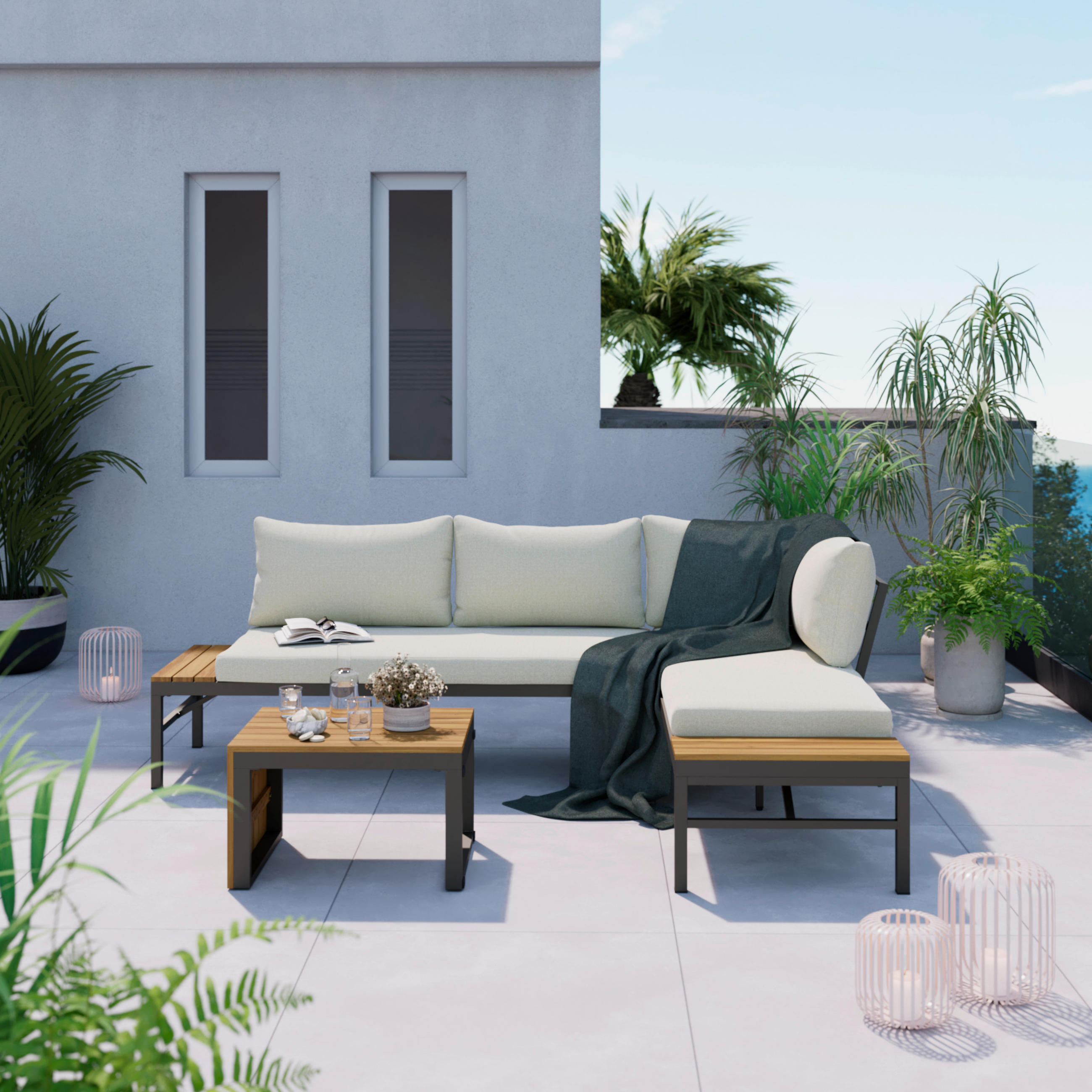 Ambia Garden TERASOVÁ SEDACÍ SOUPRAVA dřevo, kov, textil