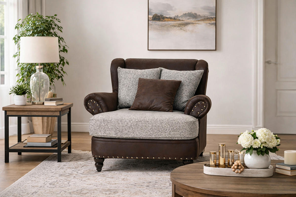 XXL FOTELJA tekstil  smeđa   - sivo-smeđa/tamno smeđa, Romantično / ladanjski, tekstil/drvo (125/102/50/138cm) - Landscape