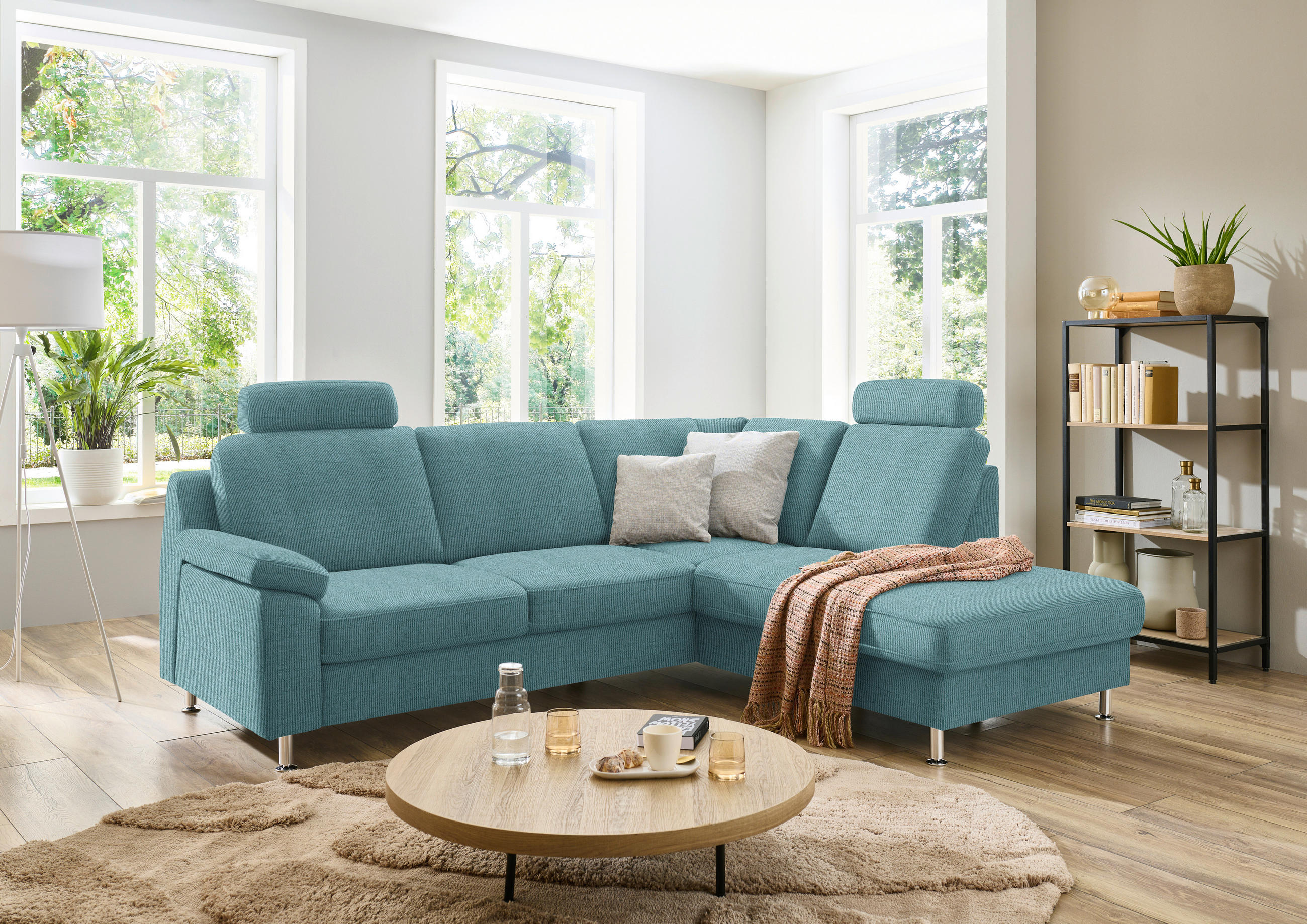 ECKSOFA in Webstoff Türkis  - Türkis/Alufarben, Konventionell, Textil/Metall (241/200cm) - Beldomo System