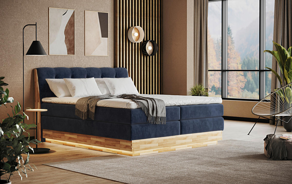 BOXSPRINGBETT 180/200 cm  in Blau  - Blau/Schwarz, Natur, Holz/Textil (180/200cm)