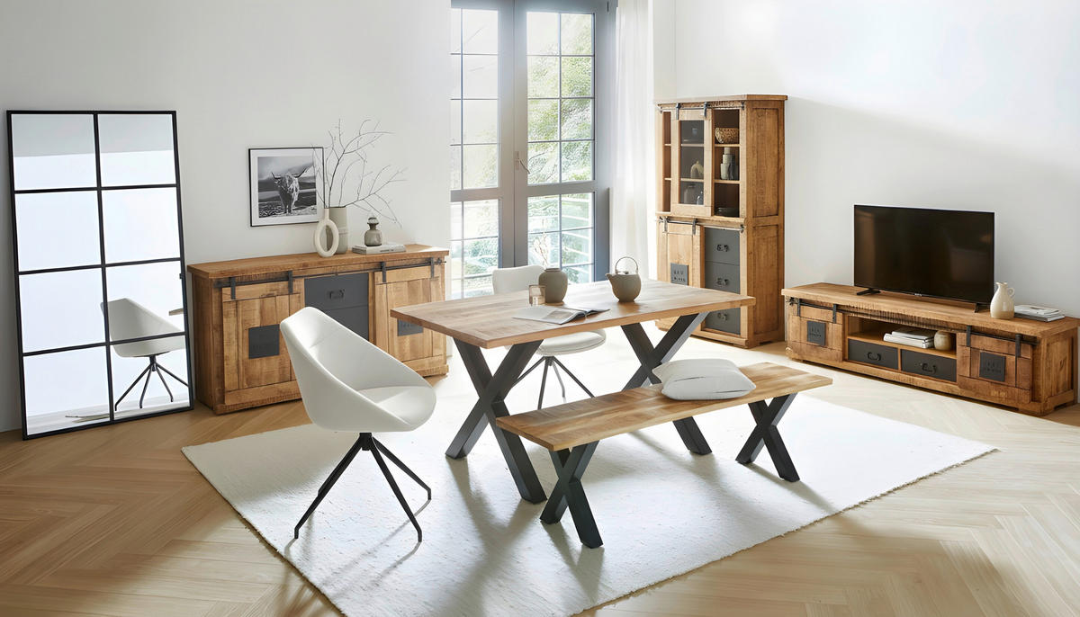 VITRINE  in massiv Mangoholz Naturfarben, Schwarz  - Schwarz/Naturfarben, LIFESTYLE, Glas/Holz (100/190/45cm) - Landscape