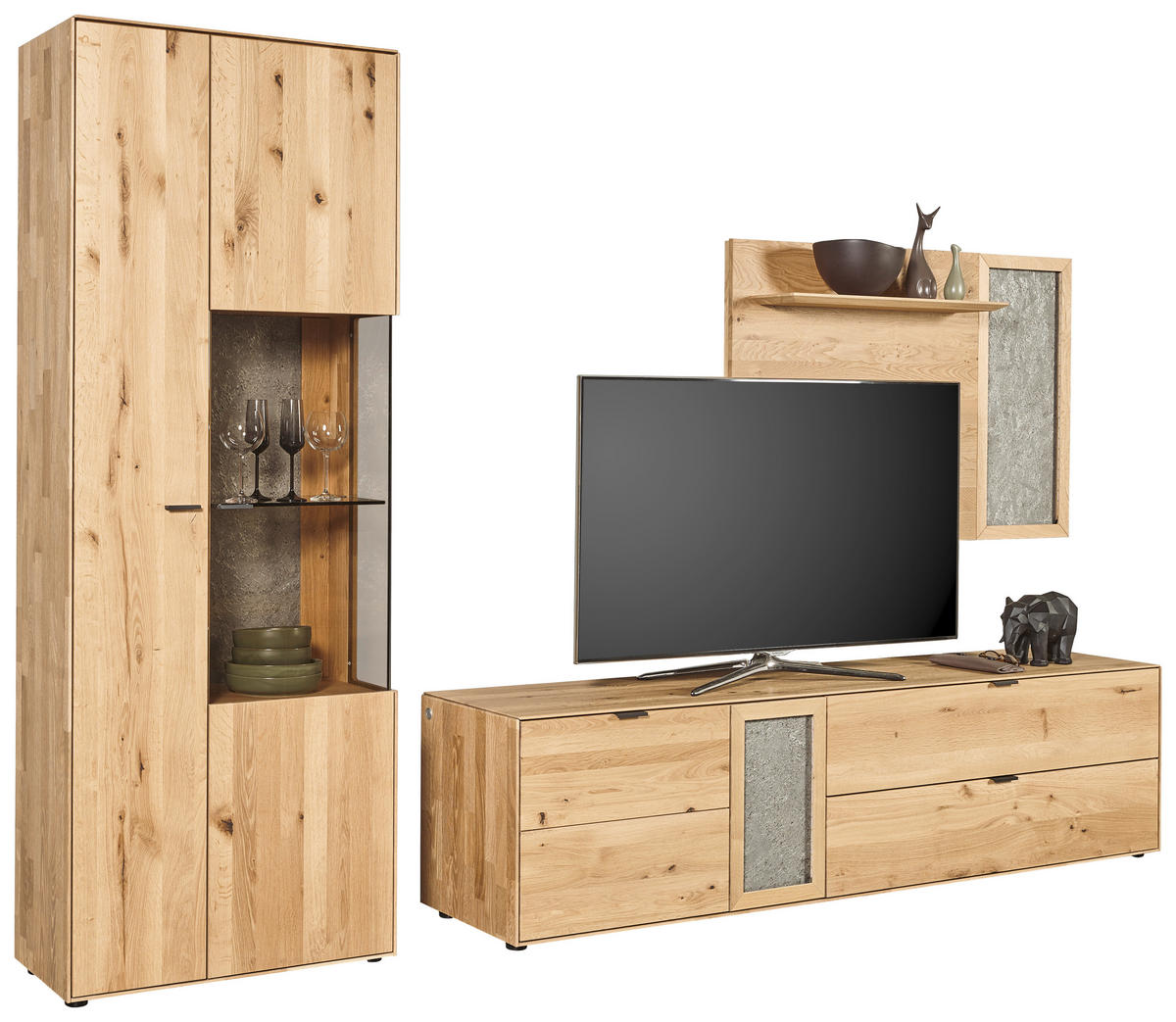 WOHNWAND  in Wildeiche  322,4/205,5/45,2 cm    - Wildeiche/Schwarz, Natur, Glas/Holz (322,4/205,5/45,2cm) - Valnatura