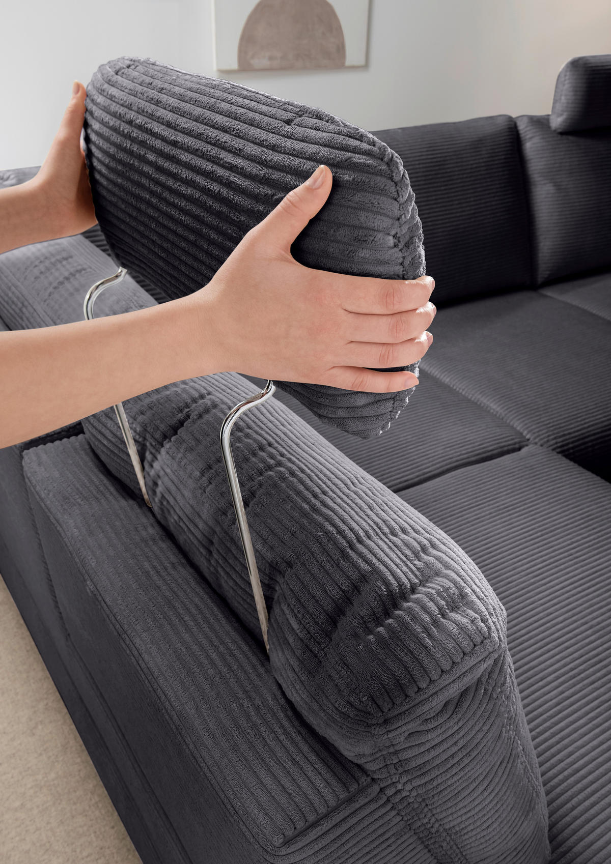 ECKSCHLAFSOFA  mit Liegefunktion, Rücken echt, Armteil links Cord Grau  - Wildeiche/Grau, MODERN, Holz/Textil (261/206cm) - Livetastic