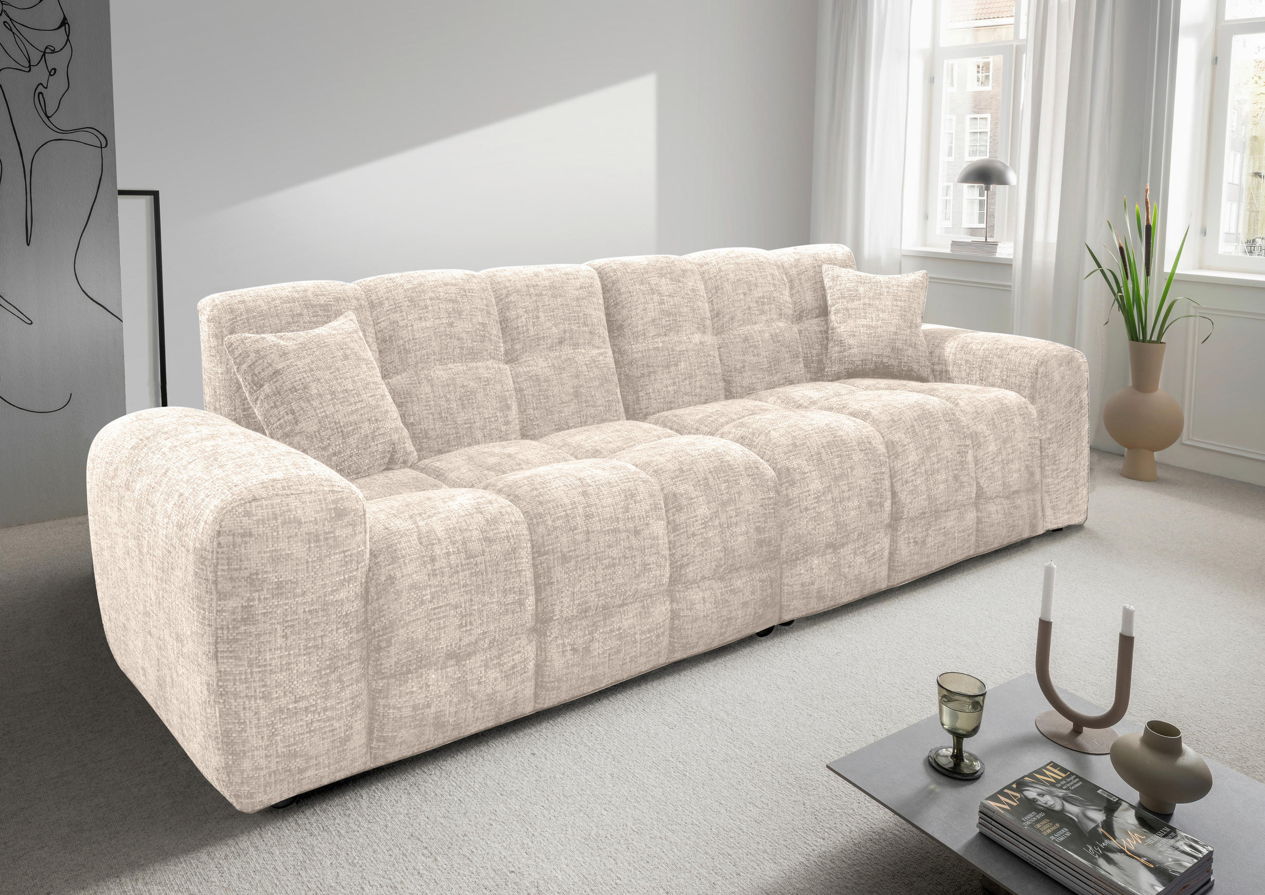 VIERSITZER-SOFA in Struktur Creme  - Creme/Schwarz, MODERN, Kunststoff/Textil (300/87/120cm) - Livetastic