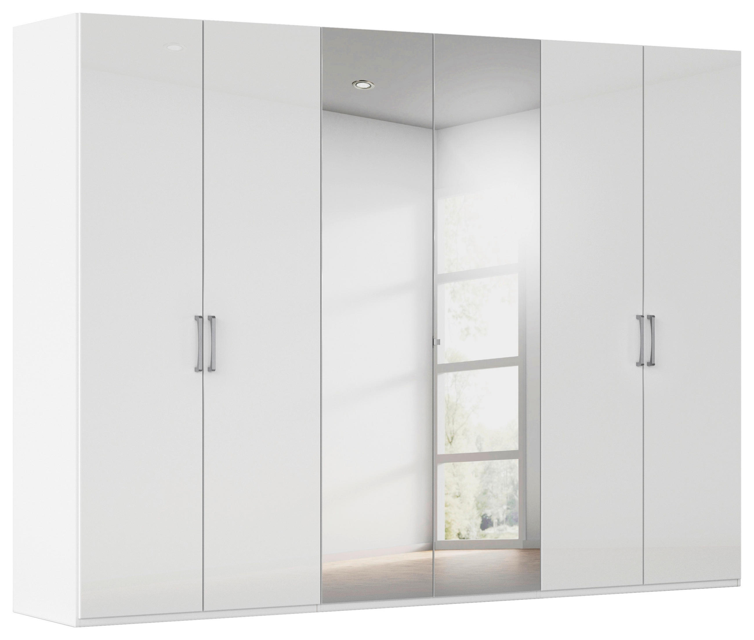 DREHTÜRENSCHRANK 301/235/61 cm,  in Weiß, Weiß Hochglanz, 6-türig  - Chromfarben/Edelstahlfarben, Basics, Glas/Holzwerkstoff (301/235/61cm) - Novel