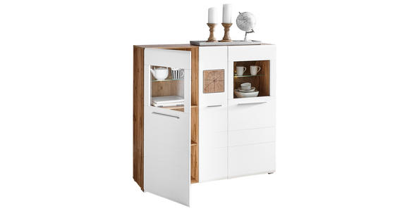 HIGHBOARD  in 140/135/37 cm  - Chromfarben/Eichefarben, KONVENTIONELL, Glas/Holz (140/135/37cm) - Hom`in