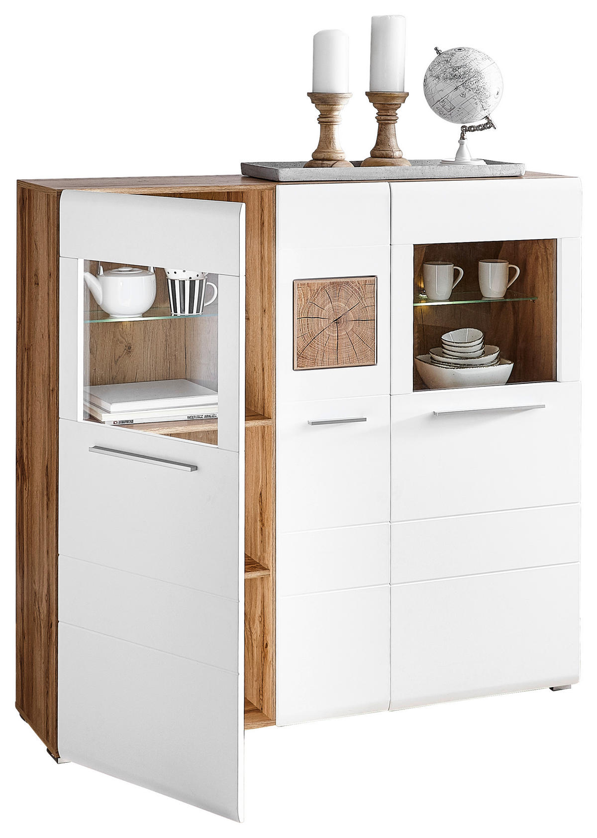 HIGHBOARD Weiß, Eichefarben  140/135/37 cm  - Chromfarben/Eichefarben, KONVENTIONELL, Glas/Holz (140/135/37cm) - Hom`in
