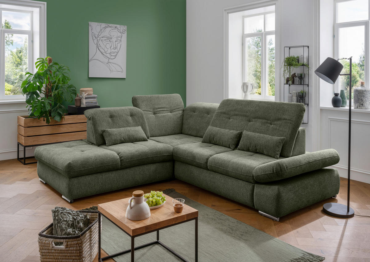 ECKSOFA in Chenille Dunkelgrün  - Chromfarben/Dunkelgrün, Design, Textil/Metall (254/280cm) - Livetastic