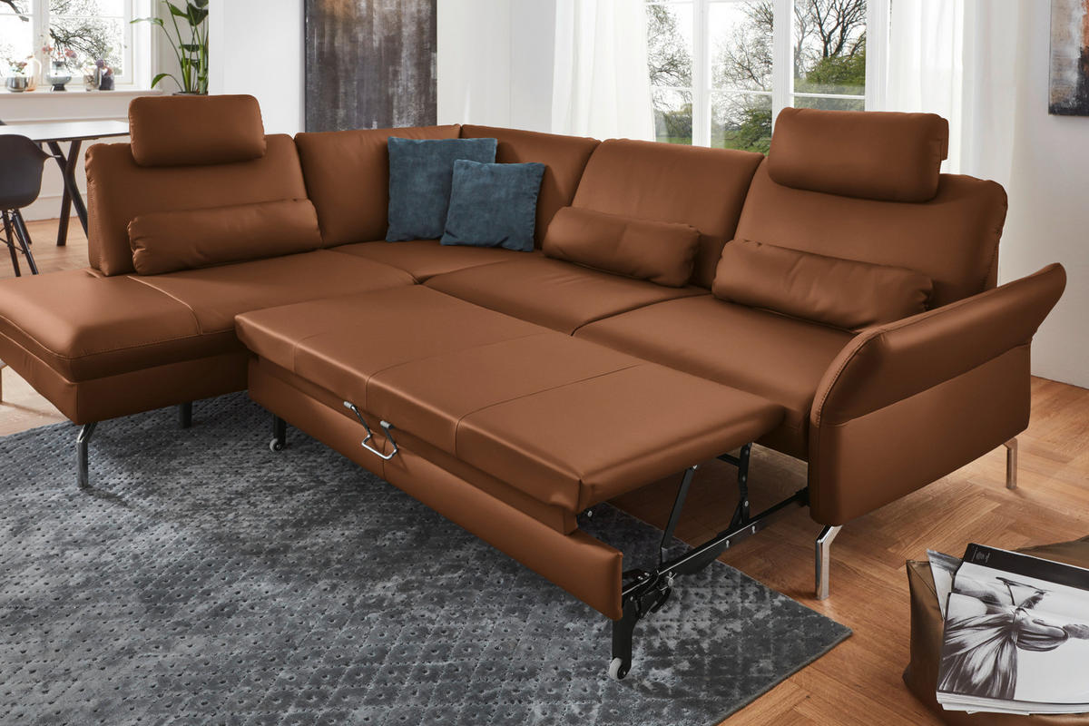 ECKSOFA in Echtleder Hellbraun  - Hellbraun/Alufarben, Konventionell, Leder/Metall (220/284cm) - Beldomo Premium