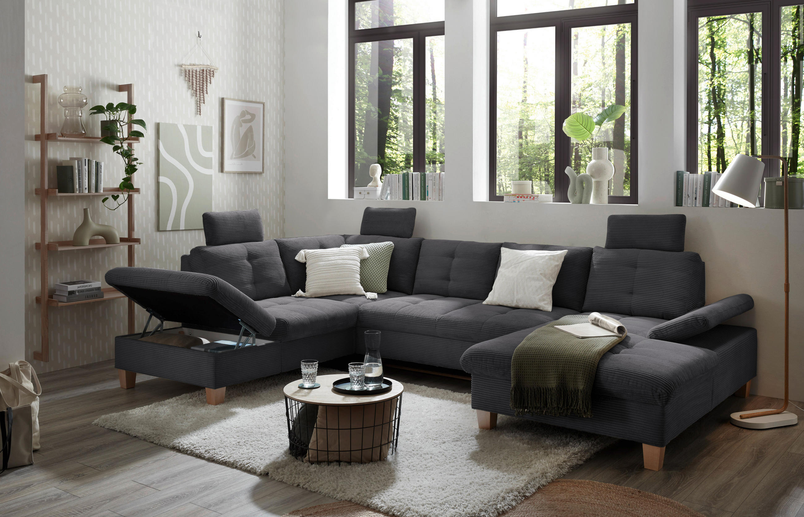 Thumbnail - Mid.you Wohnlandschaft, Anthrazit, Textil, Eiche, vollmassiv, 5-Sitzer, Ottomane links, U-Form, 324x220 cm, Made in EU, ...