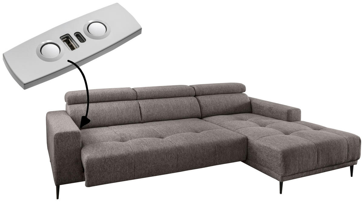 ECKSOFA Graubraun Chenille  - Graubraun/Schwarz, KONVENTIONELL, Textil/Metall (276/188cm) - Livetastic