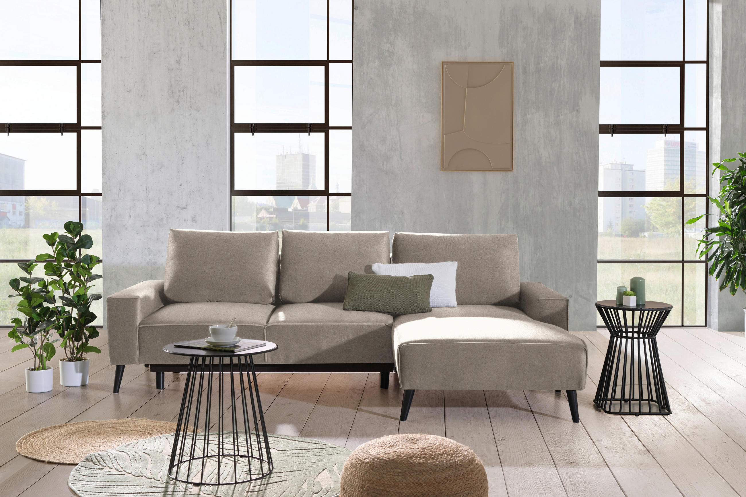 ECKSOFA in Velours Sandfarben  - Sandfarben/Schwarz, Basics, Holz/Textil (260/161cm) - Carryhome