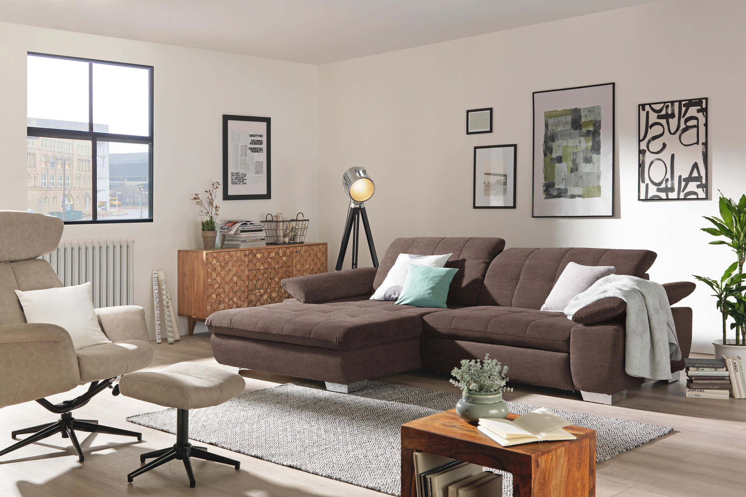 ECKSOFA in Mikrofaser Hellbraun  - Chromfarben/Hellbraun, Design, Textil/Metall (180/265cm) - Carryhome