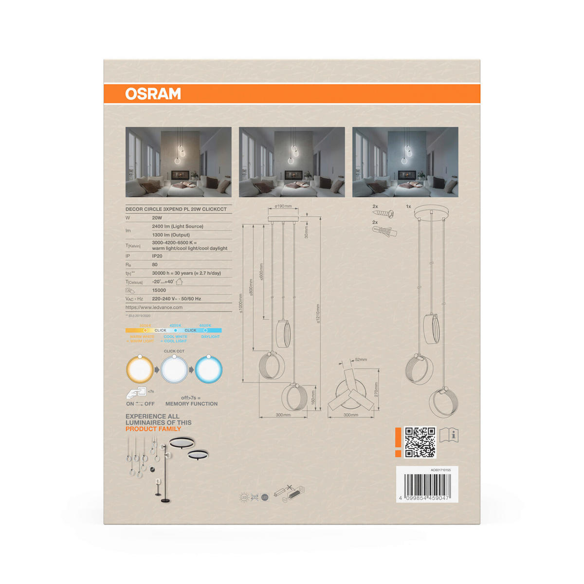 LED-HÄNGELEUCHTE 28/20/121 cm  - Schwarz, Design, Kunststoff (28/20/121cm) - Osram
