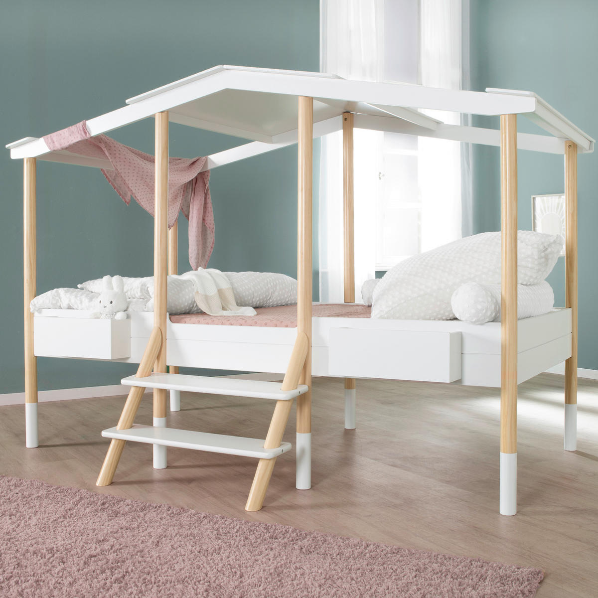 HAUSBETT 90/200 cm,  in Weiß, Kieferfarben, Leiter, Lattenrost  - Weiß/Kieferfarben, Basics, Holz (90/200cm) - Xora