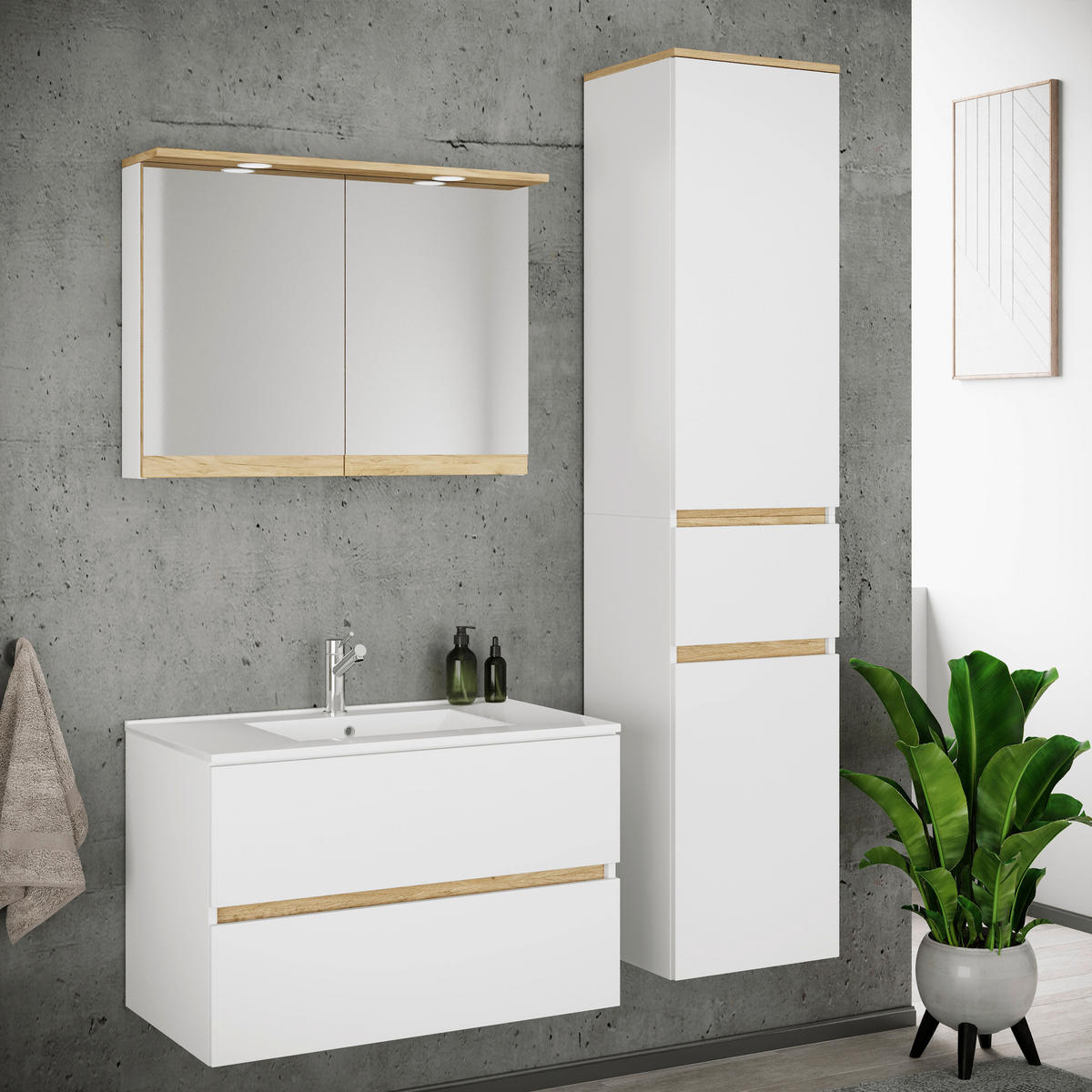 BADEZIMMER 4-teilig  in 121 cm  - Honigeiche/Weiß, Trend, Keramik/Holzwerkstoff (121cm) - MID.YOU