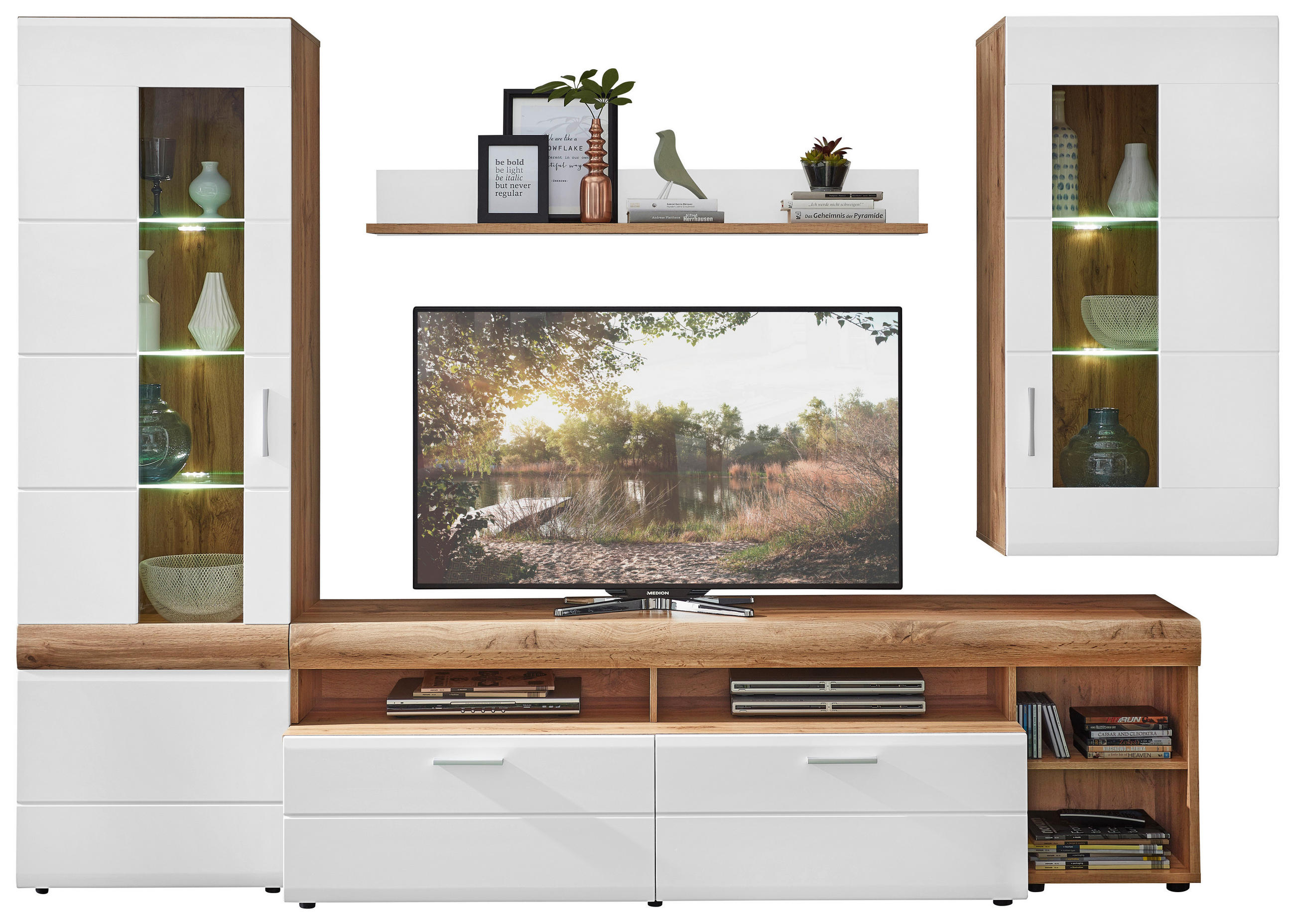 WOHNWAND  in Weiß, Eichefarben  280/192/51 cm  - Eichefarben/Silberfarben, KONVENTIONELL, Glas/Holzwerkstoff (280/192/51cm) - Xora