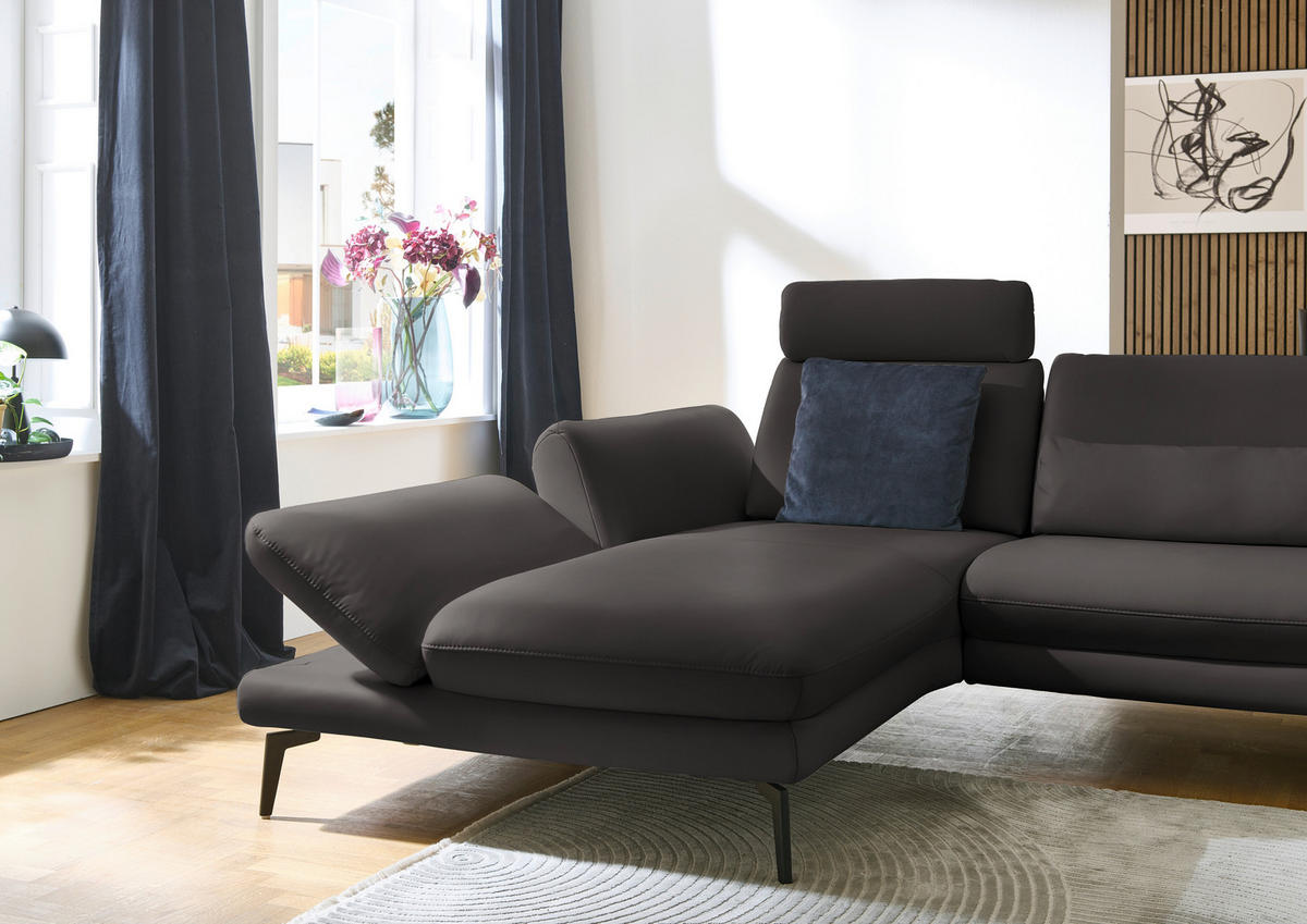 ECKSOFA in Echtleder Grau  - Schwarz/Grau, Design, Leder/Metall (195/308cm) - Dieter Knoll