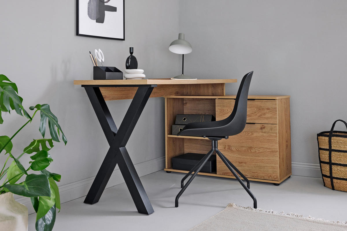 ECKSCHREIBTISCH 140/95/76 cm  in Eichefarben  - Eichefarben/Schwarz, Modern, Holzwerkstoff/Metall (140/95/76cm) - Livetastic