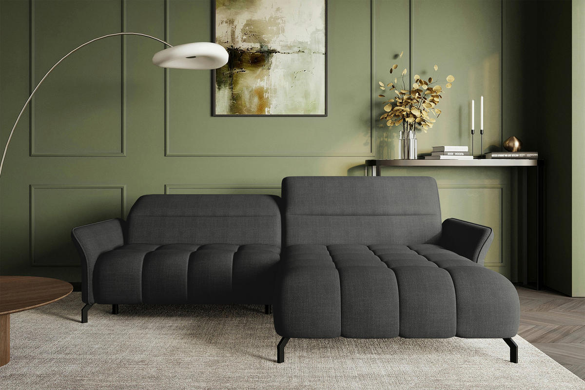 ECKSOFA Anthrazit Flachgewebe Rücken echt, Kopfteilverstellung, Sitztiefenverstellung  - Anthrazit/Schwarz, KONVENTIONELL, Textil/Metall (272/175cm) - Carryhome
