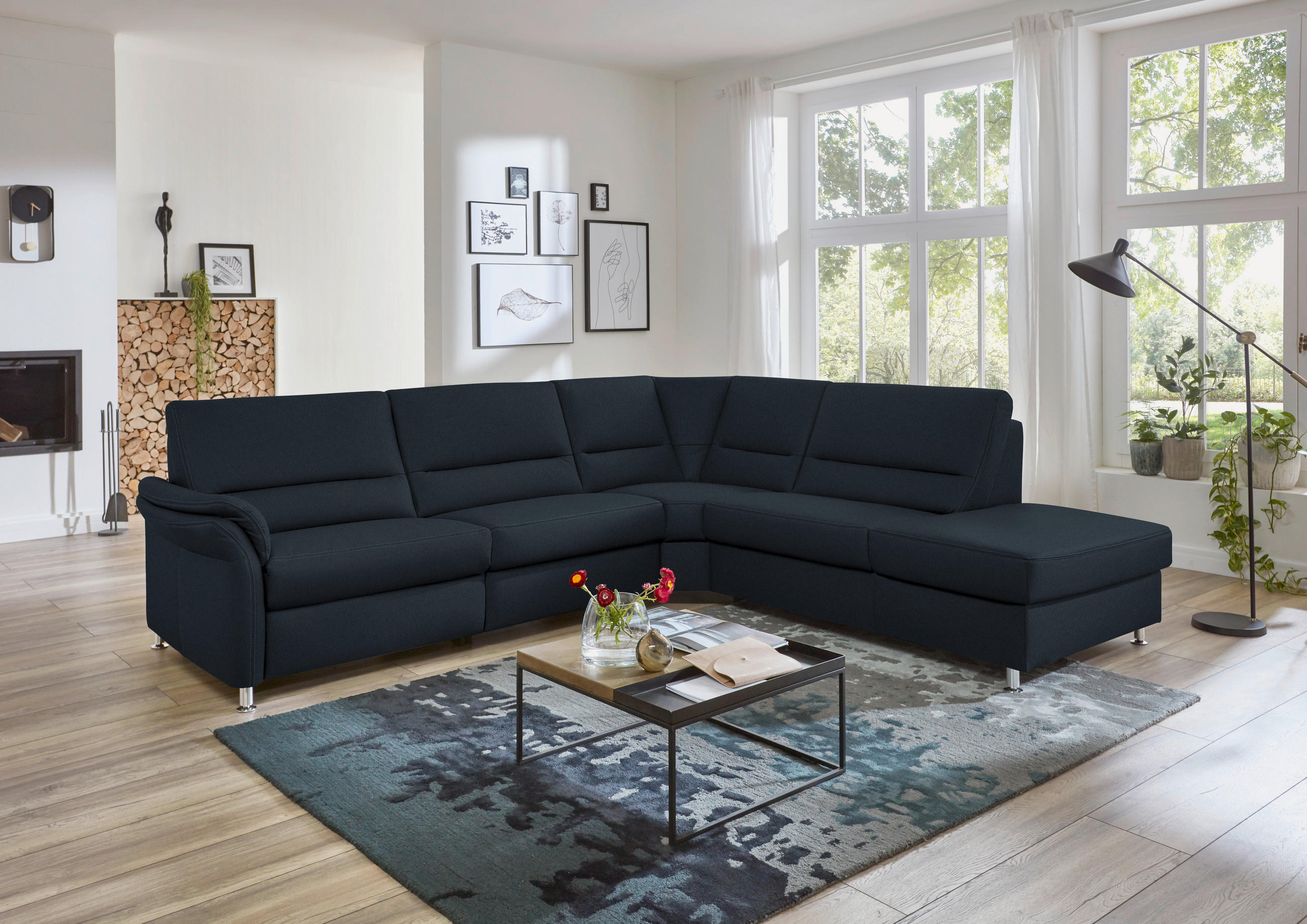 ECKSOFA in Echtleder Dunkelblau  - Beige/Alufarben, Design, Leder/Metall (288/249cm) - Beldomo Premium