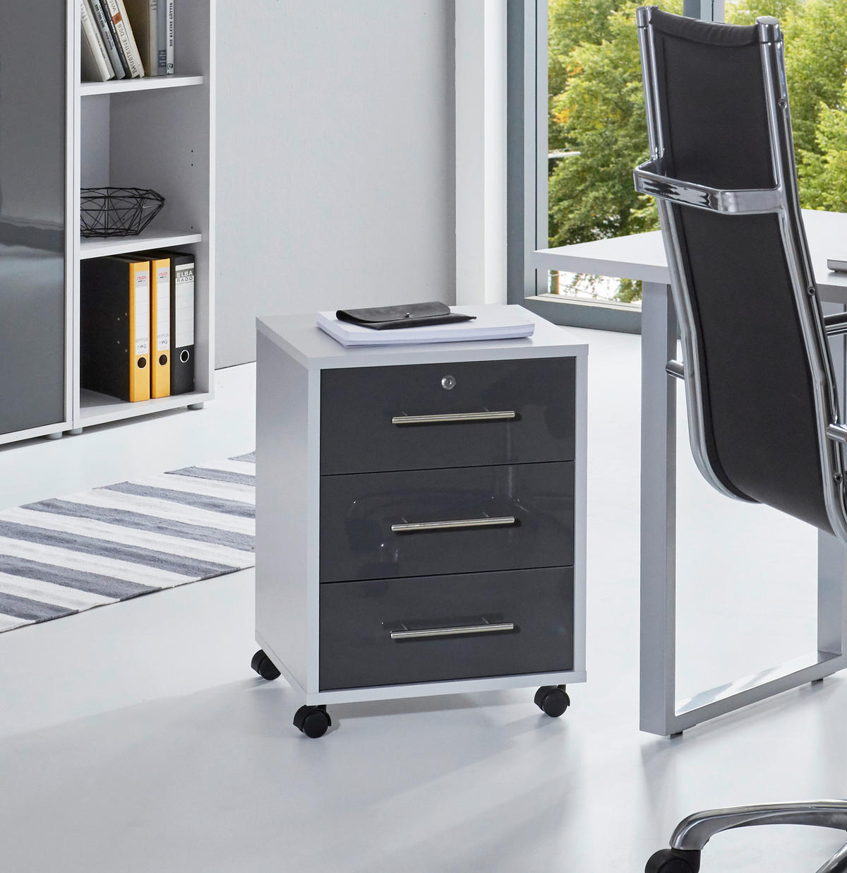 BÜRO erweiterbar, abschließbar Grau, Anthrazit Hochglanz - Anthrazit Hochglanz/Grau, MODERN, Holzwerkstoff/Metall - MID.YOU