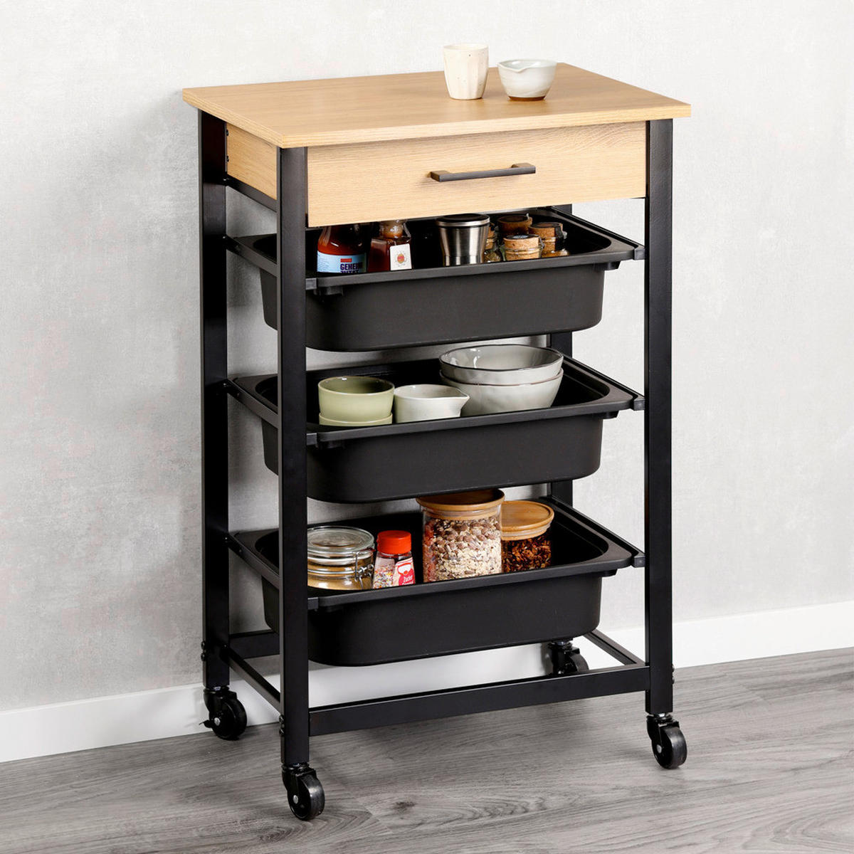 SERVIERWAGEN Schwarz, Eichefarben  - Eichefarben/Schwarz, Trend, Holzwerkstoff/Kunststoff (47/37/81.5cm) - Kesper