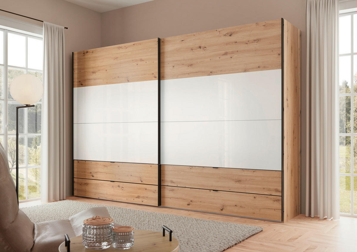 SCHWEBETÜRENSCHRANK 252/222/68 cm 2-türig Weiß, Eiche Artisan  - Schwarz/Weiß, Design, Glas/Holzwerkstoff (252/222/68cm) - Dieter Knoll