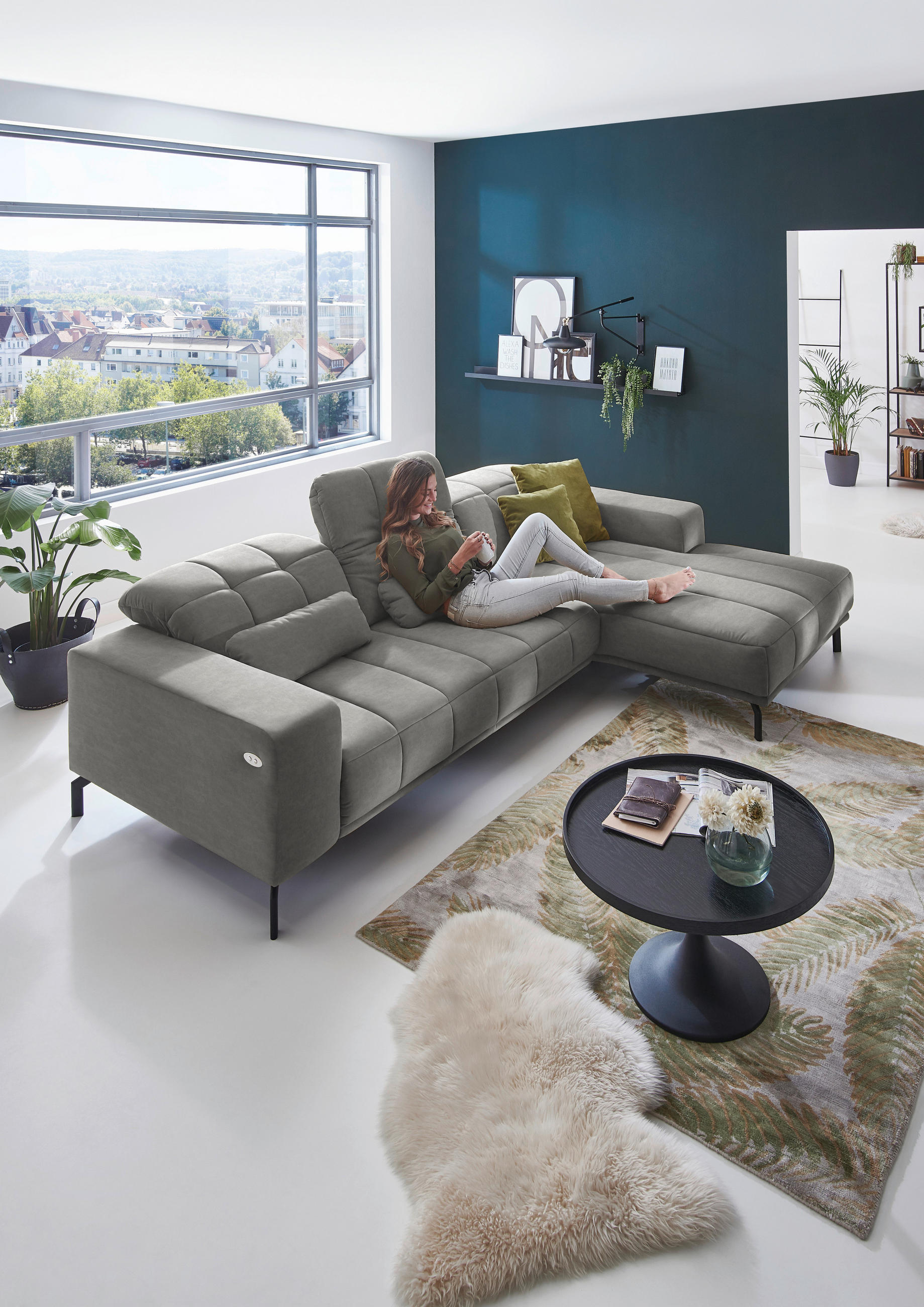 ECKSOFA in Velours Hellgrau  - Hellgrau/Schwarz, Design, Textil/Metall (293/195cm) - Beldomo Style