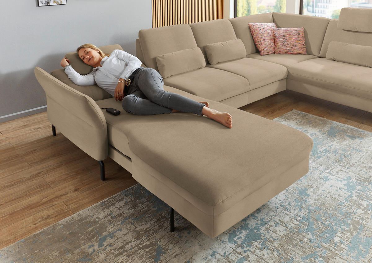 WOHNLANDSCHAFT in Velours Sandfarben  - Sandfarben/Schwarz, Design, Textil/Metall (179/335/220cm) - Beldomo System